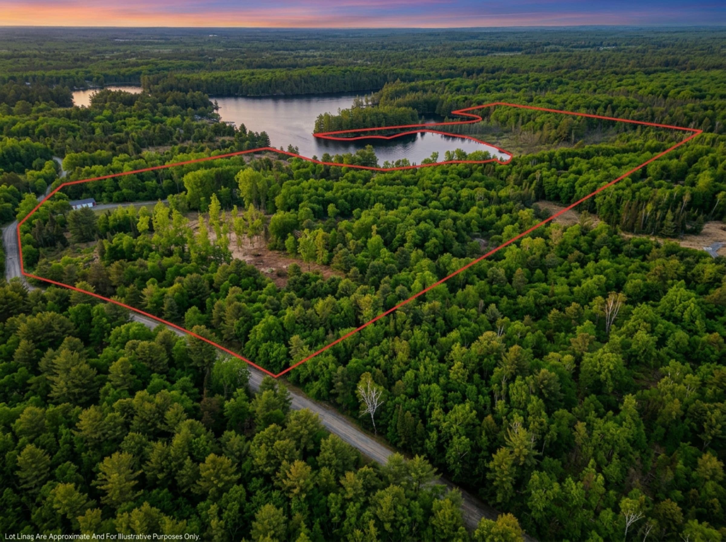 Aerial drone view at sunset of a large forested property with red lines outlining the approximate lot boundaries, including a section of shoreline along a small lake, a gravel driveway leading to a house near the road, and dense green forest covering most of the land.