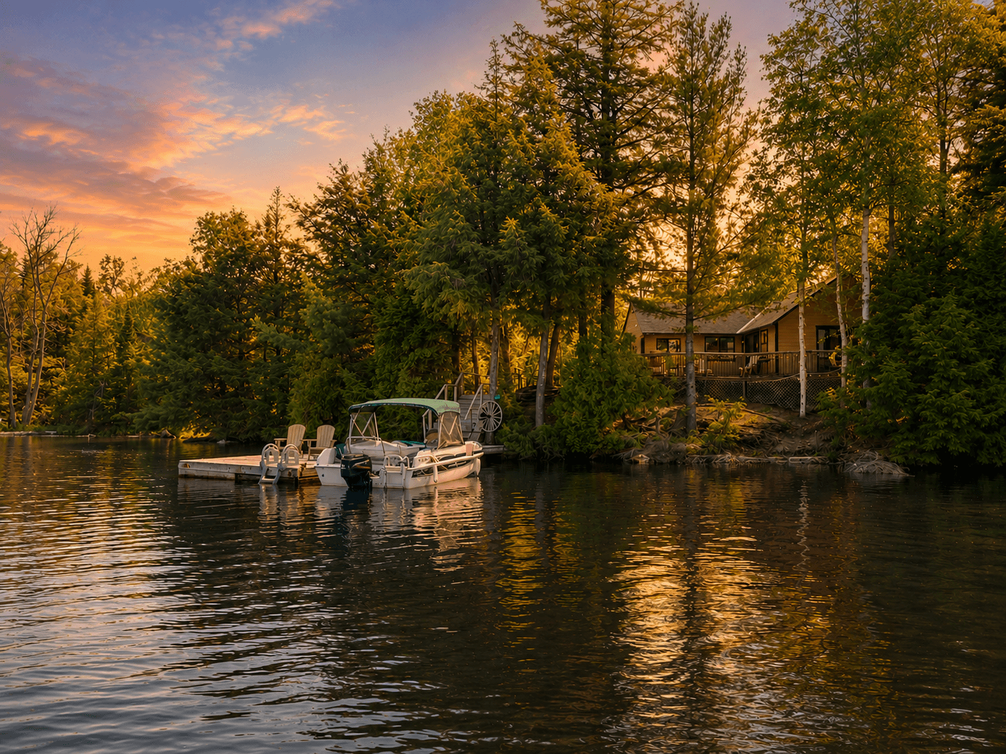 A cottage nestled among tall pine and birch trees on a lake shoreline at sunset, with a wooden dock holding two Adirondack chairs and a docked pontoon boat with a green canopy. The sky is streaked with orange and pink clouds, reflected in the calm water below.